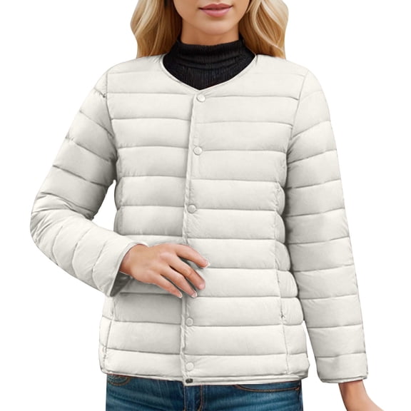 Bibifish Women's Down Jackets Casual Collarless Button Front Lightweight Jackets Winter Daily Wear Packable Down Jackets With Pockets