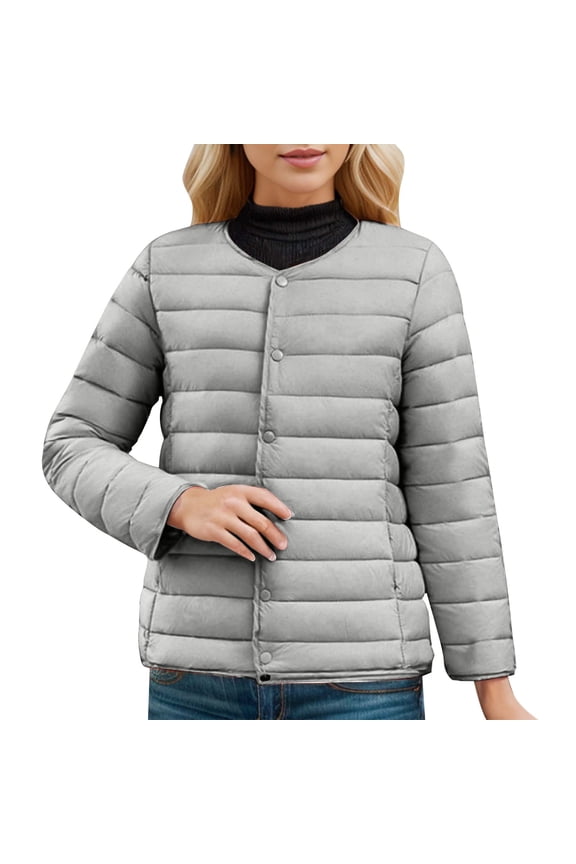 Women's Down Jackets Casual Collarless Button Front Lightweight Jackets Winter Daily Wear Packable Down Jackets With Pockets