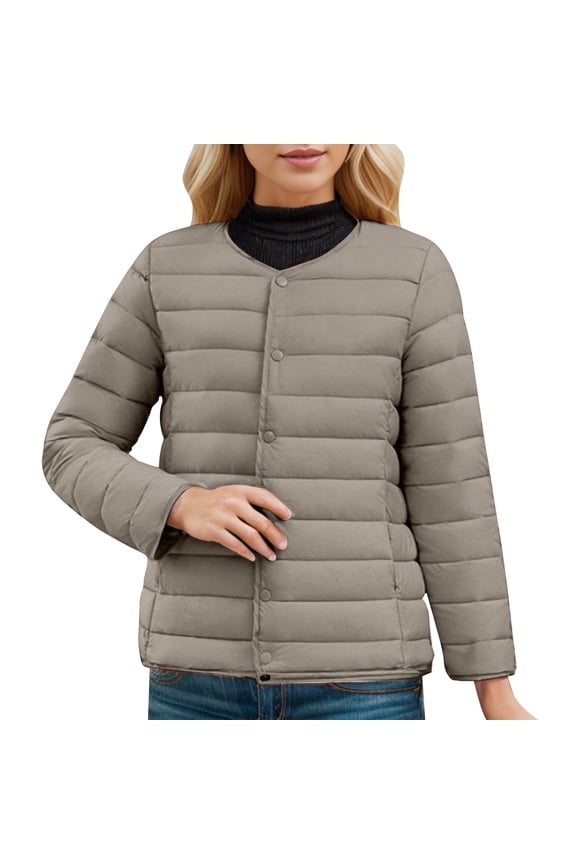 Women's Down Jackets Lightweight Button Down Jackets Casual Solid Color Quilted Jackets Trendy Warm Crewneck Outerwear