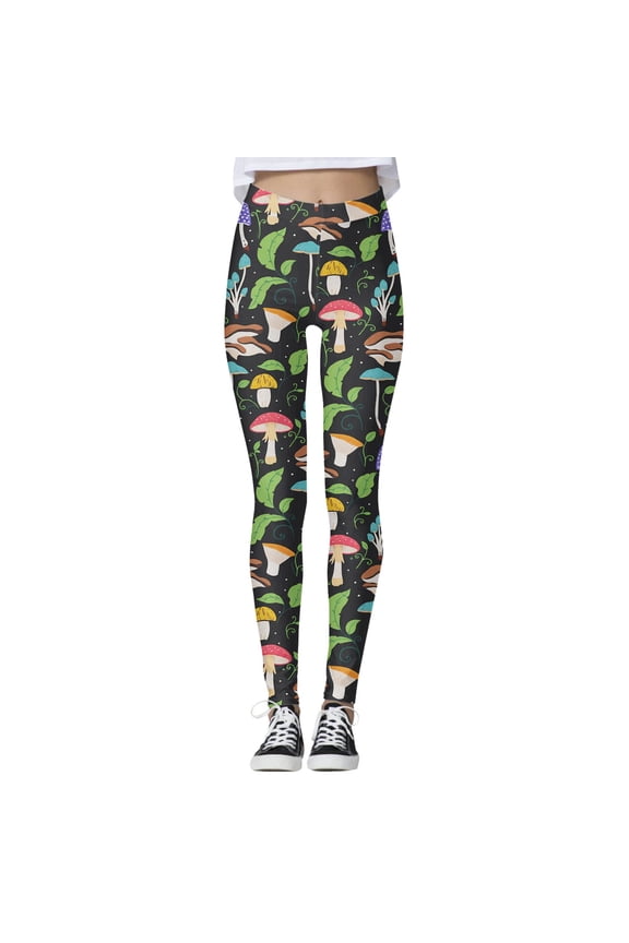 Women's Graphic Yoga Pants Black Base Colorful Mushroom & Leaf Pattern Elastic Waist Soft Stretchy Outdoor Sports Streetwear Leggings
