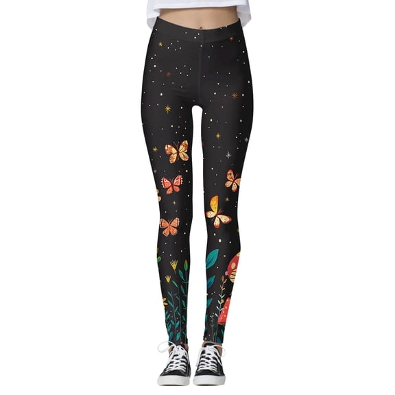 Bibifish Women's Graphic Yoga Pants Glitter Star & Butterfly Print Elastic Waist Yoga Pants Lightweight Tummy Control Walking Running Leggings