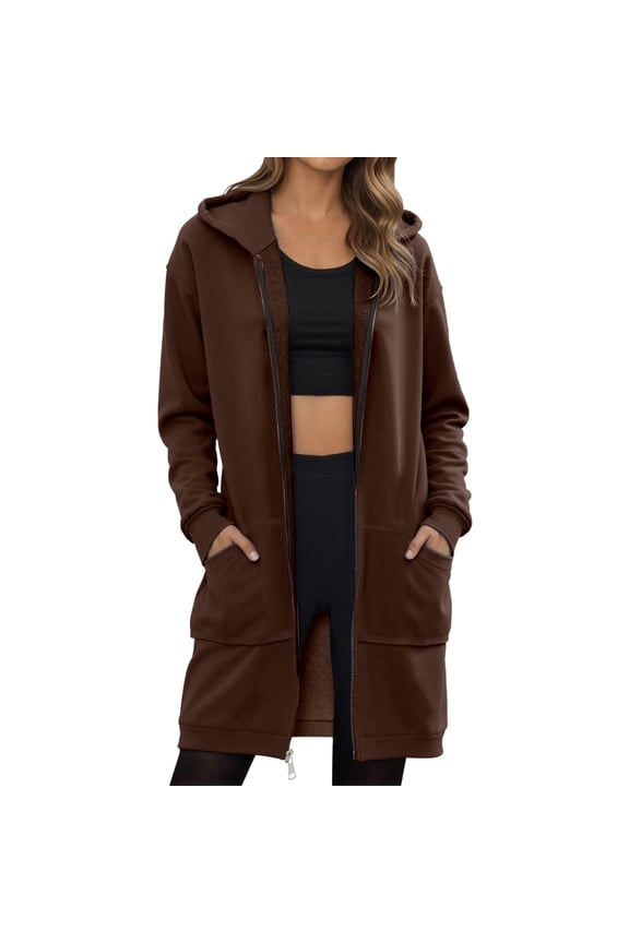 Women's Jackets Classic Solid Mid Length Hooded Zip-Up Hoodie Jackets Loose Fit Comfort Daily Jackets With Pockets