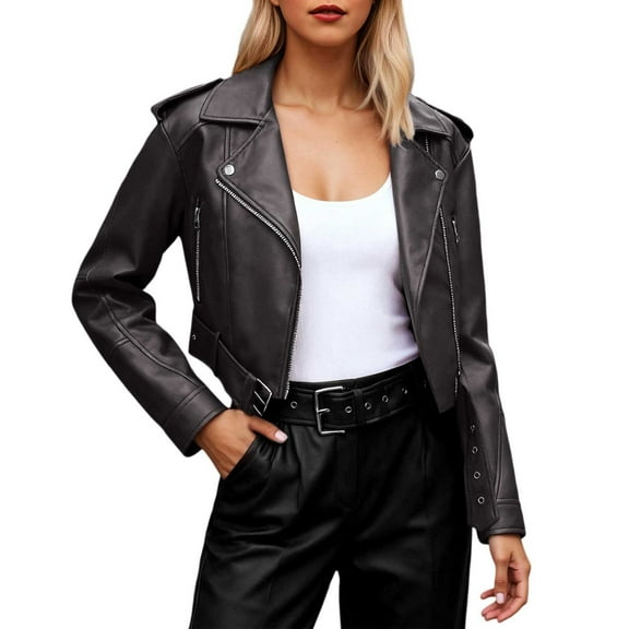 Bibifish Women's Jackets Dark Grey Faux Leather Moto Jackets Zip Up Cropped PU Coats Casual Trendy Long Sleeve Street Style Daily Wear Jackets