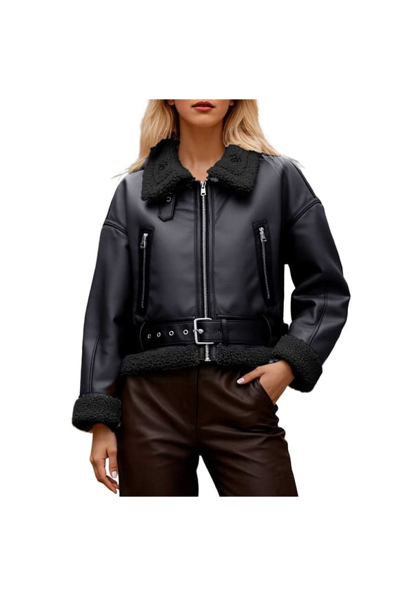 Women's Jackets Faux Leather Jackets Shearling Collar Belted PU Coat Zip Up Warm Casual Winter Daily Streetwear Outerwear