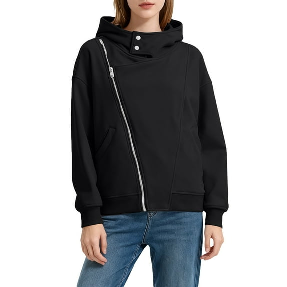 Bibifish Women's Jackets Long Sleeve Asymmetric Zip Up Hoodie Jackets Loose Fit Casual Streetwear Fall Winter High Neck Warm Outerwear