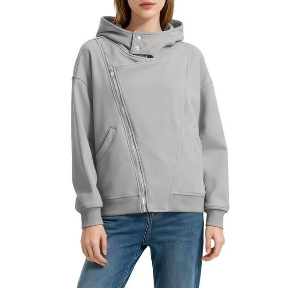 Bibifish Women's Jackets Long Sleeve Asymmetric Zip Up Hoodie Jackets Loose Fit Casual Streetwear Fall Winter High Neck Warm Outerwear