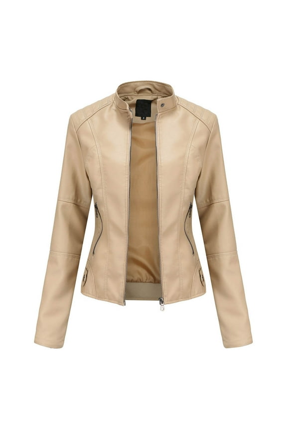 Women's Jackets Solid Faux Leather Zip Up Jackets Slim Fit Stand Collar Long Sleeve PU Coats Casual Trendy Streetwear Jackets
