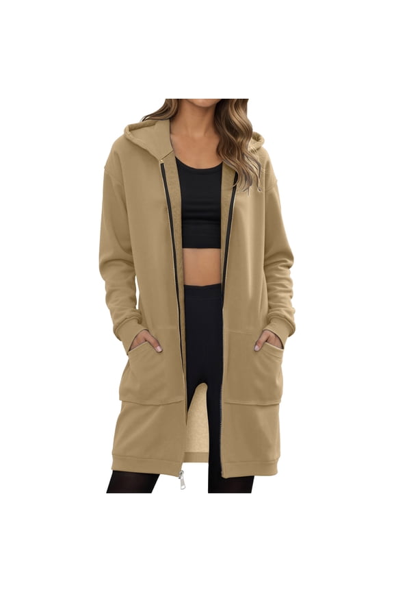 Women's Jackets Solid Hooded Zip-Up Hoodie Jackets Mid Length Casual Wear Comfortable Daily Wear Jackets With Pockets