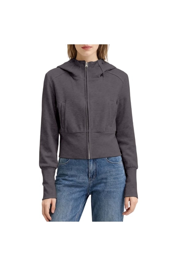 Women's Jackets Solid Stand Collar Cropped Zip Hoodie Jackets Slim Fit Casual Streetwear Spring Fall Long Sleeve Minimalist Outerwear