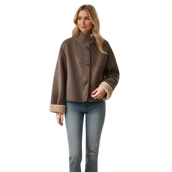 Bibifish Women's Jackets Toggle Collared Faux Leather Jackets Short Fuzzy Lined Trendy Wear Daily Cropped Jackets With Pockets