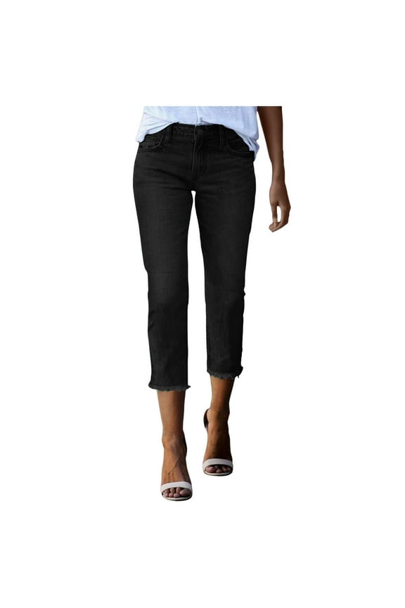 Women's Jeans Solid Color Capri Jeans Mid Waisted Denim Pants Stretchy Slim Fit Casual Daily Wear Pants With Frayed Hem