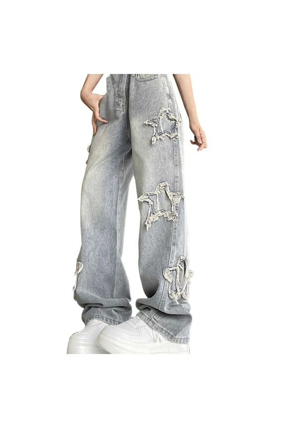 Women's Jeans Vintage Star Pattern Denim Jeans High Waisted Slim Fit Embroidered Straight Leg Wide Leg Pants Street Style Jeans