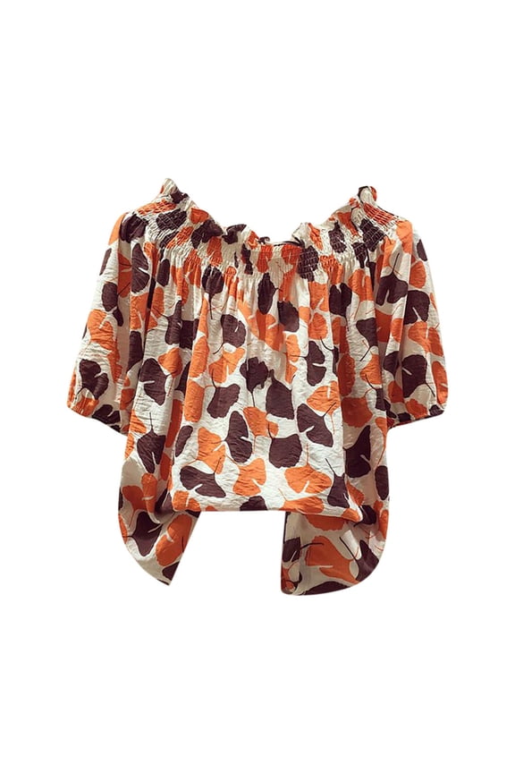Women's Off The Shoulder Blouse Leaf Print Short Sleeve Ruffle Neck Loose Fit Tops For Summer Daily Wear