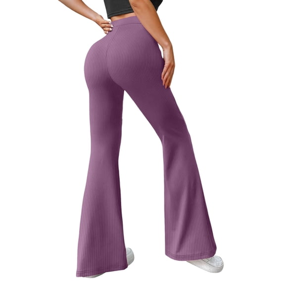 Bibifish Women's Pants Knit Flare Pants Elastic Waist Ribbed Knit Flared Leg Pants Slim Fit Trendy Workout Home Wear Pants For Ladies