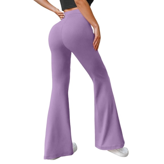 Bibifish Women's Pants Knit Flare Pants Elastic Waist Ribbed Knit Flared Leg Pants Slim Fit Trendy Workout Home Wear Pants For Ladies