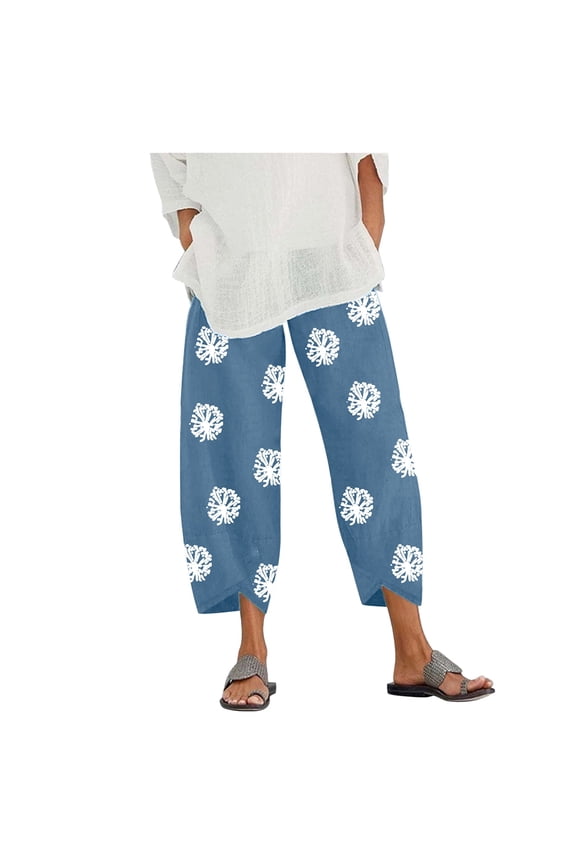 Women's Pants Loose Fit Floral Printed Cropped Pants Comfortable Embroidered Elastic Waist Casual Pants Ankle Length Elegant Bottoms