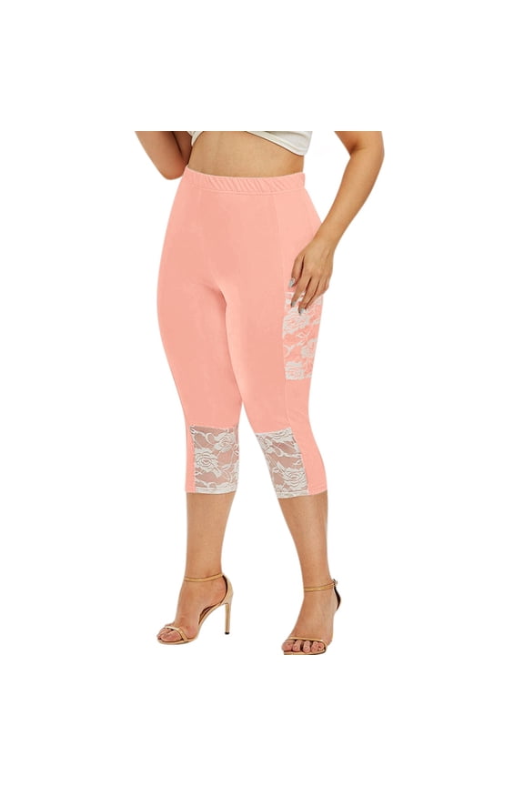 Women's Pants Oversized Solid Color Lace Patchwork Pants Slim Fit 3/4 Length Yoga Pants Stretch Fit Sporty Casual Workout Bottoms