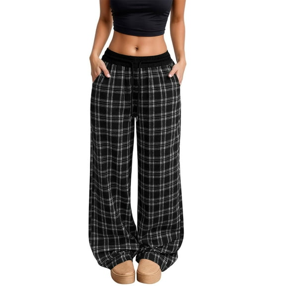 Bibifish Women's Pants Plaid Wide Leg Pants Elastic Waistband Flowy Fabric Stretchy Loose Fit Daily Wear Pants With Side Pockets
