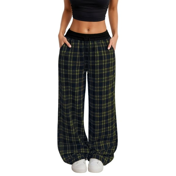 Bibifish Women's Pants Plaid Wide Leg Pants Elastic Waistband Flowy Fabric Stretchy Loose Fit Daily Wear Pants With Side Pockets