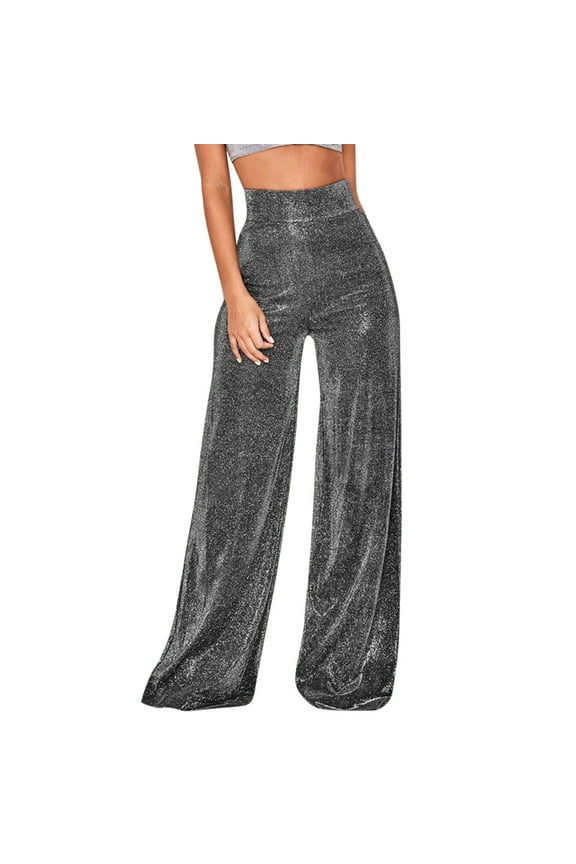Women's Pants Silver Shiny Wide Leg Pants High Waisted Glitter Fabric Loose Fit Street Style Party Wear Flowy Pants For Ladies