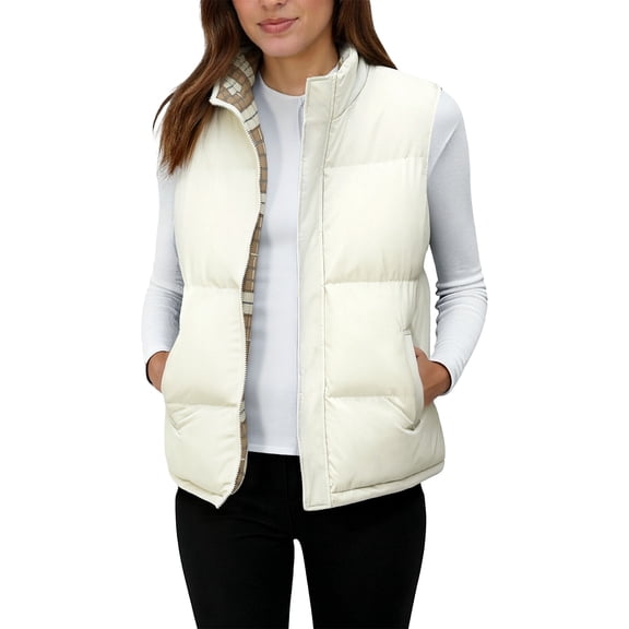 Bibifish Women's Puffer Vests Stylish Plaid Pattern Lined Unisex Zip Vest Oversized Stand Collar Casual Utility Quilted Gilets Outerwear