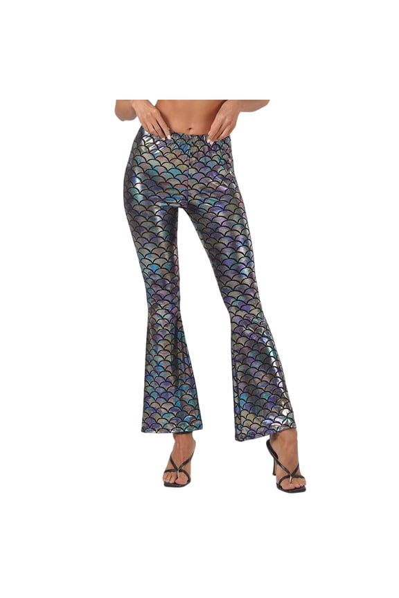 Women's Sequined Flared Pants Fish Scale Pattern Casual Skinny Trousers Slim Fit Comfortable Stretchy Elastic Waistband Dance Trousers
