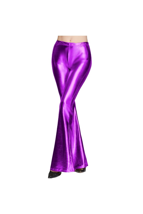 Women's Shiny Metallic Flared Pants Elastic High Waisted Stretchy Bottom Wide Leg Pants Trousers Slim Fit Flared Leg Pants