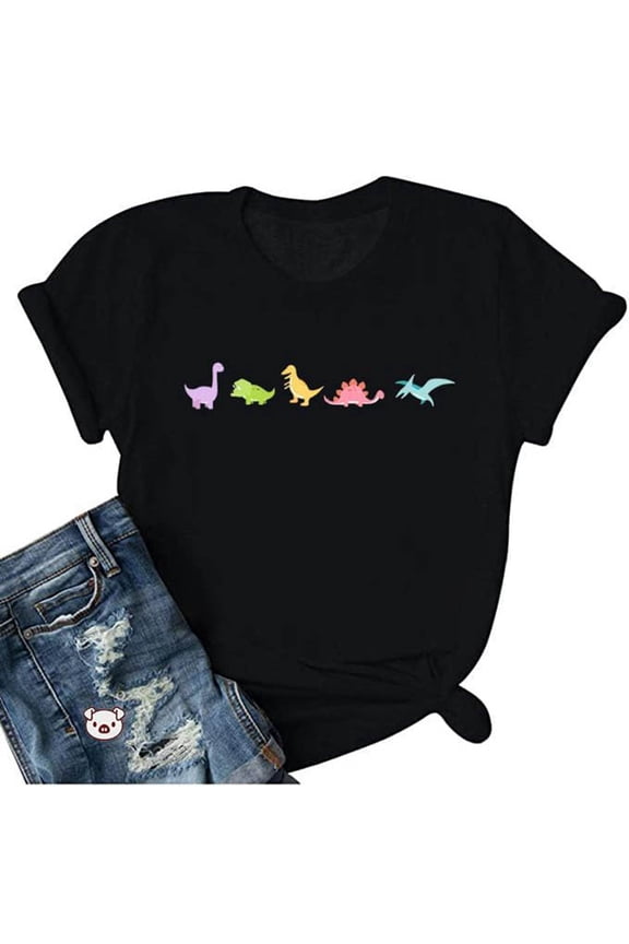 Women's T-Shirt Cute Dinosaur Print Loose Crew Neck T-Shirt Soft Stretch Graphic Print Summer Short Sleeve Shirt