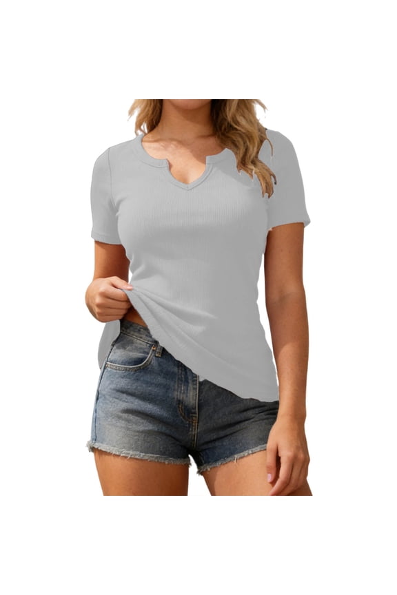 Women's T-Shirts Split Notch V-Neck Short Sleeve Blouses Ribbed Knit Slim Fit Solid Color Basic Tees For Summer Wear