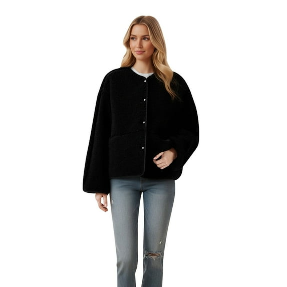 Bibifish Women's Teddy Jackets Button Front Solid Color Jackets Oversized Winter Casual Wear Soft Fuzzy Jackets With Side Pockets