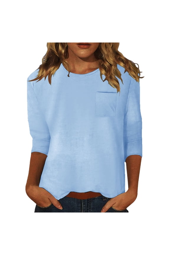 Women's Tees Round Crew Neck 3/4 Sleeve With Front Patch Pocket Blouses Solid Color Relaxed Fit Tees