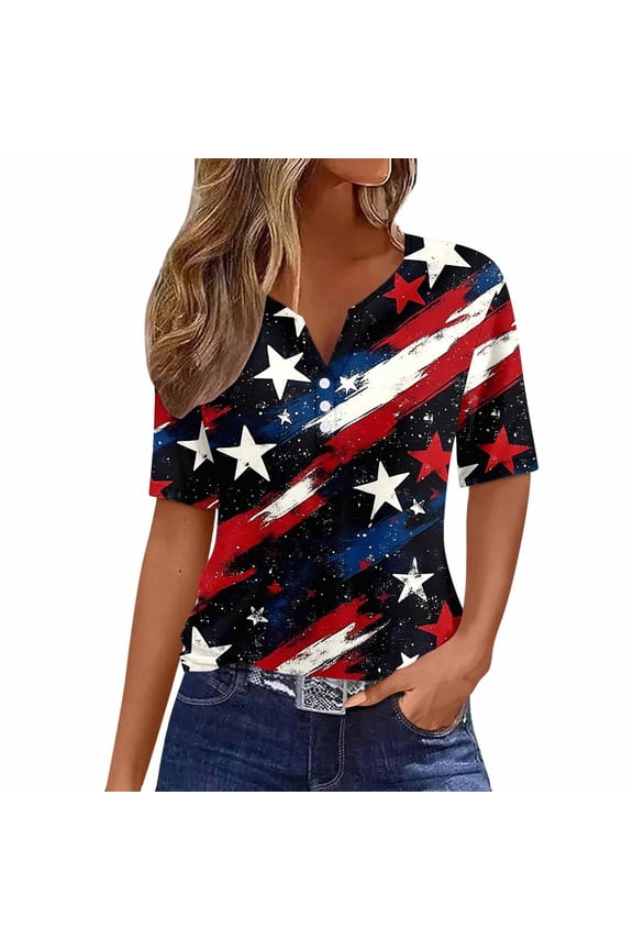 Women's Tees Tops American Print V-Neck Half Button Loose Fit 3/4 Sleeve Tees Patriotic Holiday Shirts