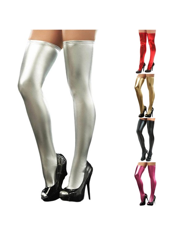 Women's Thigh High Socks with Zipper Stretchy Faux Leather Over The Knee Socks Glossy Finish Stockings