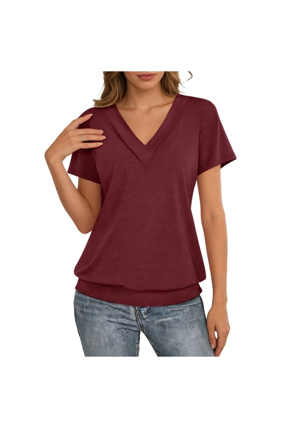 Women's Tops Double-Layered V-Neck Short Sleeve Blouses Solid Color Banded Hem Summer Relaxed Fit Daily Wear Tees