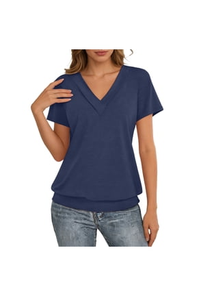 Women's Tops Double-Layered V-Neck Short Sleeve Blouses Solid Color Banded Hem Summer Relaxed Fit Daily Wear Tees