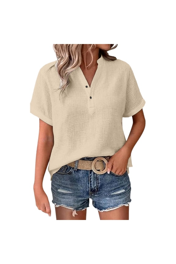 Women's Tops Henley Split V-Neck Short Rolled Sleeve Blouses Crinkle Texture Fabric Button Placket Relaxed Fit Tees