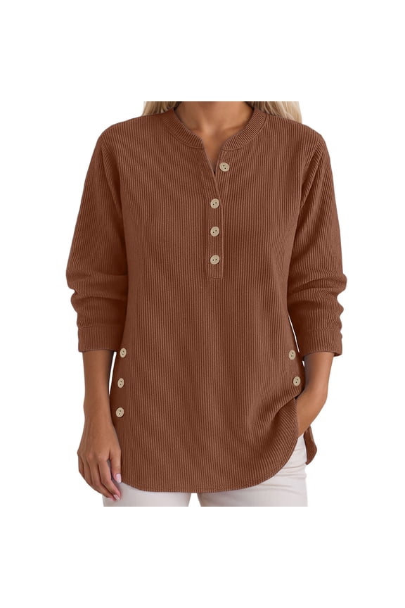 Women's Tops Henley V-Neck Long Sleeve Ribbed Tunic Length Shirts Side Button Spring Fall Comfortabe & Stretch Blouses