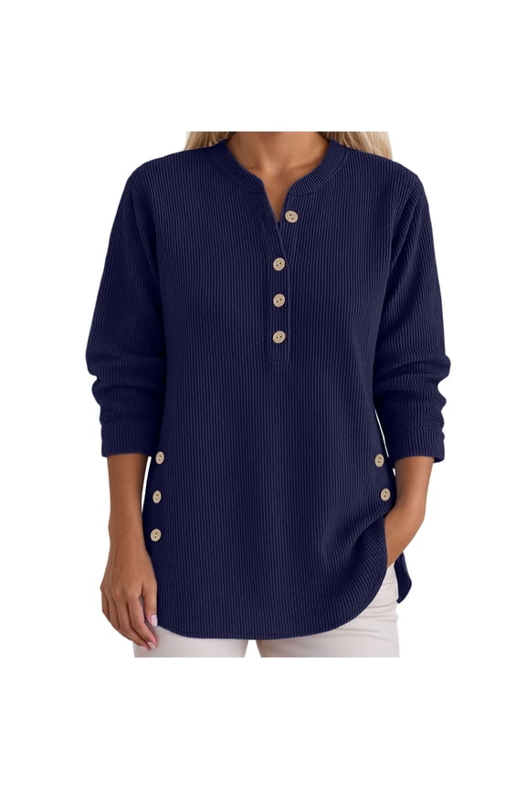 Women's Tops Henley V-Neck Long Sleeve Ribbed Tunic Length Shirts Side Button Spring Fall Comfortabe & Stretch Blouses