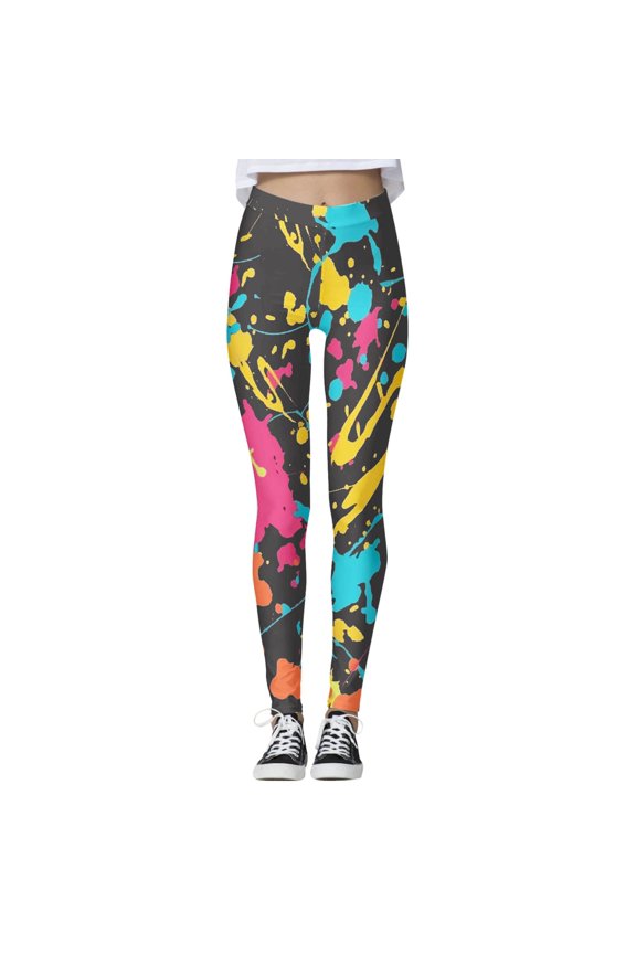 Women's Yoga Pants Paint Black Base Colorful Ink Splash Pattern High Waist Yoga Pants Breathable Art Class Casual Edgy Leggings