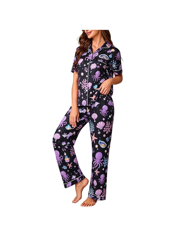 Womens 2 Piece Pajama Set Notch Collar Short Sleeve Button Down Top And Long Pants Printed Home Novelty Pjs