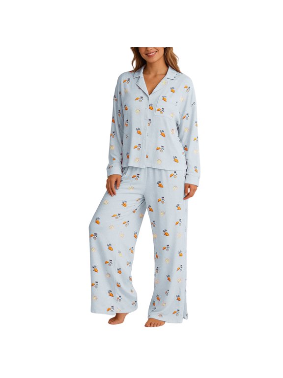 Womens 2 Piece Pajama Set V Neck Long Sleeve Top And Wide Leg Pants Coffee Croissant Print Home Soft Nightwear