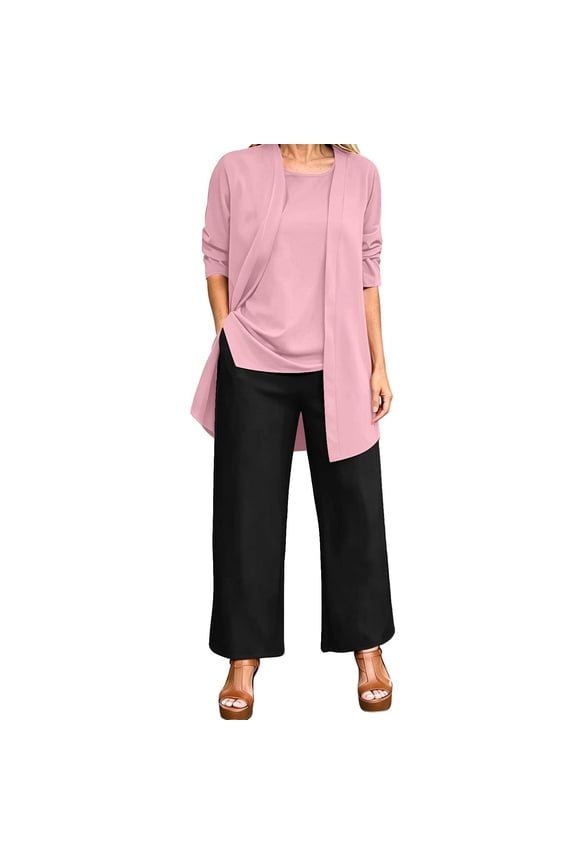 Womens 3 Piece Outfits Long Sleeve Open Front Cardigans Cropped Pants & crewneck tees spring travel vacation airport matching sets