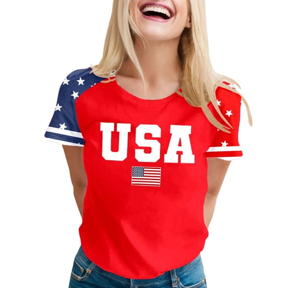 Bibifish Womens 4th Of July Tee Tops Short Sleeve Tees 250 Years Red USA Print Star Raglan Sleeve American Flag Independence Day Tshirts