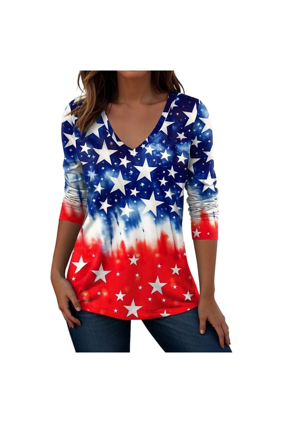 Womens 4th Of July Tees V Neck Long Sleeve Tshirts 250th Anniversary Ombre Star American Flag Independence Day Tee Tops