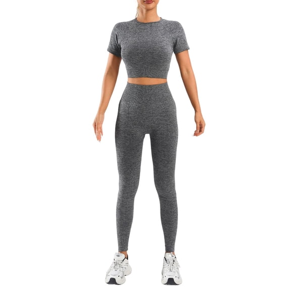 Bibifish Womens Activewear Sets 2Pcs Black Cropped Short Sleeve & Leggings Soft Sweat-Wicking Yoga Gym Running Sports Activewear Sets