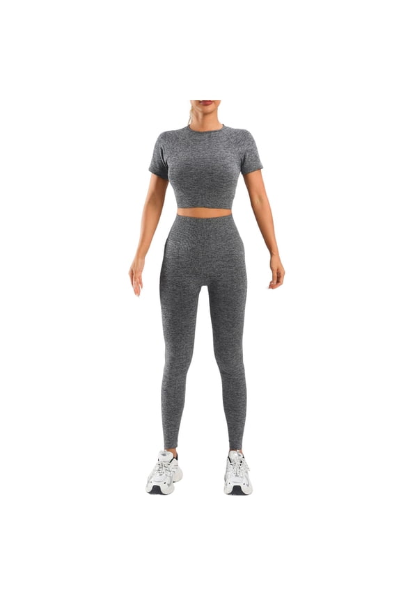 Womens Activewear Sets 2Pcs Black Cropped Short Sleeve & Leggings Soft Sweat-Wicking Yoga Gym Running Sports Skinny Activewear Sets