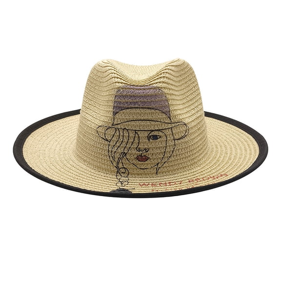 Bibifish Womens Beige Straw Fedora Hat Portrait Print Detail Fashionable Breathable Casual Summer Outdoor Sun Protection Ladies Cap