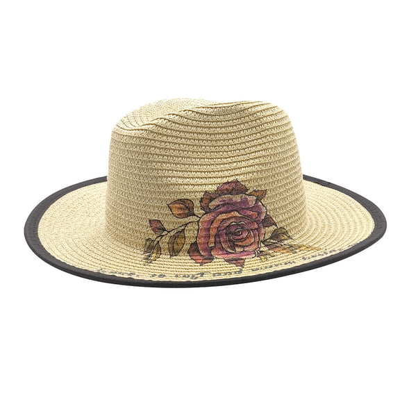 Bibifish Womens Beige Straw Fedora Hat Portrait Print Detail Fashionable Breathable Casual Summer Outdoor Sun Protection Ladies Cap