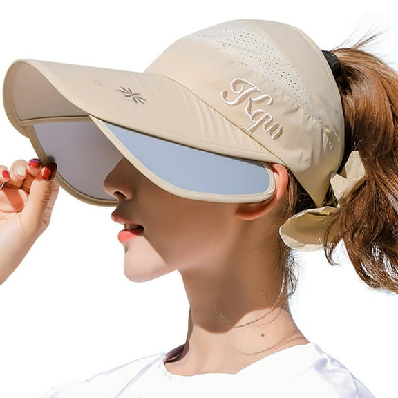 Bibifish Womens Beige Visor Cap Extendable Brim & Ponytail Hole Lightweight Fabric Breathable Outdoor Sports Sun Protection Visor