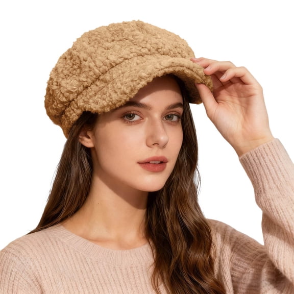 Bibifish Womens Beret Hat Cream Shearling Newsboy Cap Fluffy Soft Detail Warm Adjustable Casual Fall Winter & Daily Stylish Ladies Cap
